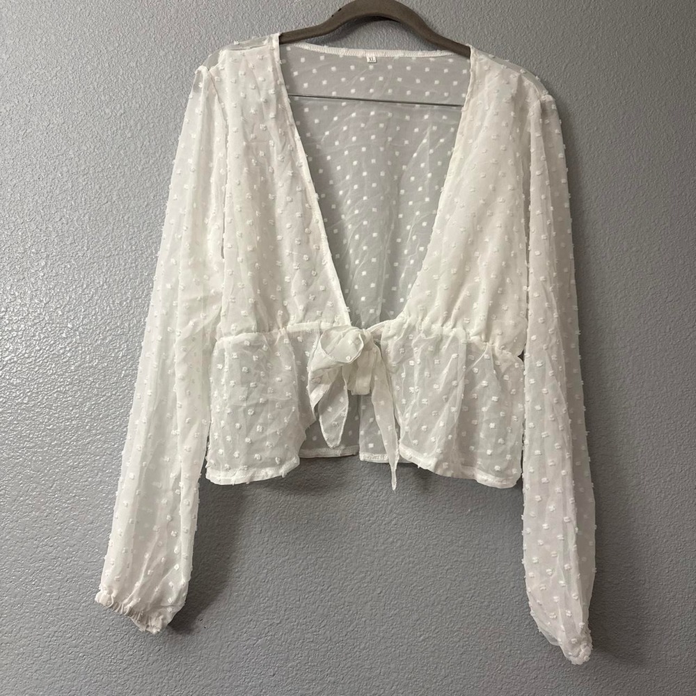 Women's White Mesh Long Sleeve Tie Front Top